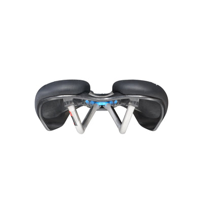 Rear detail of the Selle Italia SLR Boost Lady Ti316 Superflow at bicycle. Richmond, London, highlighting the refined construction for specialist road cycling comfort.