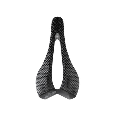 Top-down view of the Selle Italia SLR 3D Carbon at bicycle. London, showcasing differentiated cushioning zones for progressive shock absorption and optimised pressure distribution.