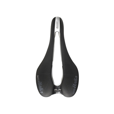 Top-down view of the Selle Italia SLR Endurance Ti316 Superflow at bicycle. London, featuring the large Superflow cutout and specialist placement of comfortable materials.