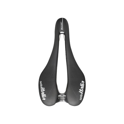 Top-down view of the Selle Italia SLR Boost Lady Ti316 Superflow at bicycle. London, showcasing the specialist Superflow pressure relief channel.