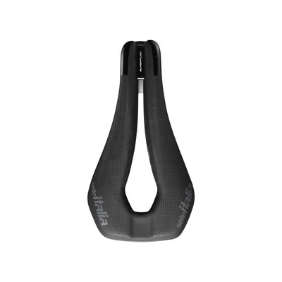 Top-down view of the Selle Italia Watt Ti316 Gel Superflow tri saddle at bicycle. London, featuring an anatomical pressure relief channel and specialist gel padding for triathlon comfort.