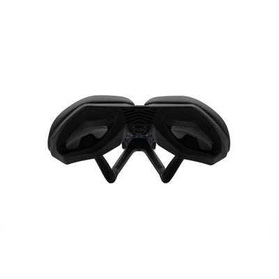 Rear detail of the PRO Turnix Team saddle at bicycle. Richmond, showcasing the lightweight carbon rails and carbon base construction.